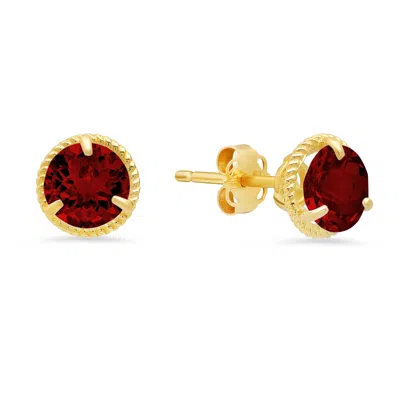 Maxcolor 14k Yellow Gold Roped Halo Gemstone Round Stud Earrings For Women 6mm In Red