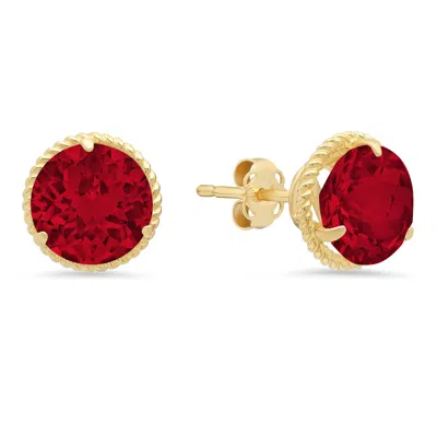 Maxcolor 14k Yellow Gold Roped Halo Round-cut Gemstone Stud Earrings (8mm) In Red