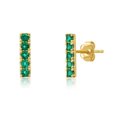 Maxcolor 14k Yellow Gold Small 2mm Gemstone Bar Stud Earrings With Push Backs In Green