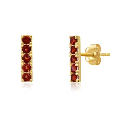 Maxcolor 14k Yellow Gold Small 2mm Gemstone Bar Stud Earrings With Push Backs In Red