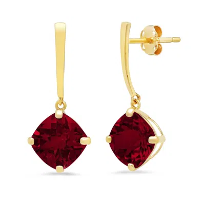 Maxcolor 14k Yellow Gold Solitaire Cushion-cut Gemstone Drop Earrings (8mm) In Red
