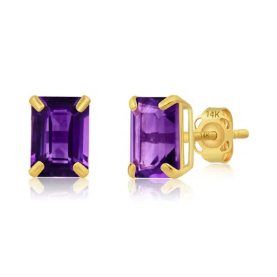 Maxcolor 14k Yellow Gold Solitaire Emerald-cut Gemstone Stud Earrings (7x5mm)