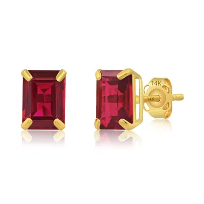 Maxcolor 14k Yellow Gold Solitaire Emerald-cut Gemstone Stud Earrings (7x5mm) In Burgundy
