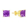 Maxcolor 14k Yellow Gold Solitaire Princess-cut Gemstone Stud Earrings (7mm) In Brown