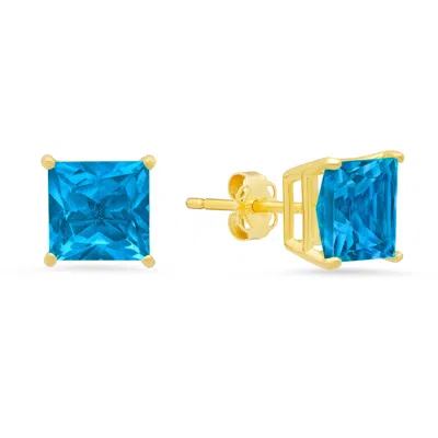 Maxcolor 14k Yellow Gold Solitaire Princess-cut Gemstone Stud Earrings (7mm) In Blue