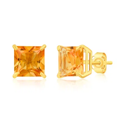 Maxcolor 14k Yellow Gold Solitaire Princess-cut Gemstone Stud Earrings (7mm) In Orange