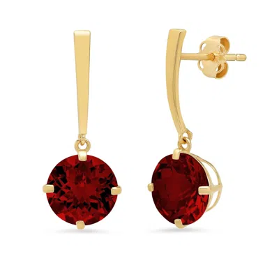 Maxcolor 14k Yellow Gold Solitaire Round-cut Gemstone Drop Earrings (8mm) In Burgundy
