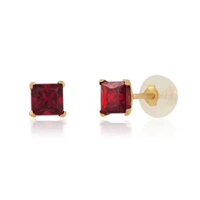 Maxcolor 14k Yellow Gold Square Princess Cut 4mm Gemstone Stud Earrings In Red