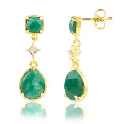Maxcolor 18k Gold Plated Genuine Blue Sapphire 3 Stone Dangle Drop Earrings In Green