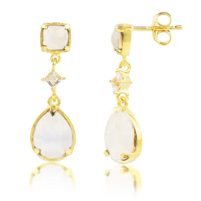 Maxcolor 18k Gold Plated Genuine Blue Sapphire 3 Stone Dangle Drop Earrings In Silver
