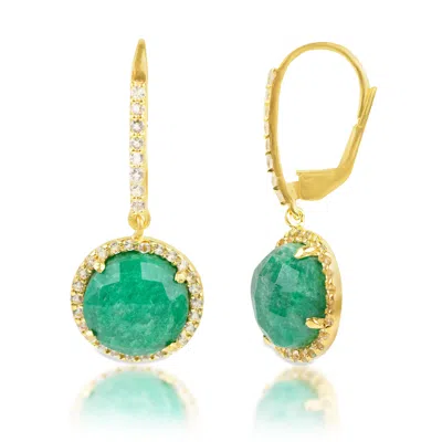 Maxcolor 18k Gold Plated Genuine Emerald Round Cut Dangle Drop Earrings With White Topaz Accents In Green