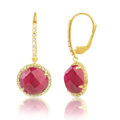 Maxcolor 18k Gold Plated Genuine Emerald Round Cut Dangle Drop Earrings With White Topaz Accents In Red