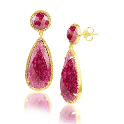 Maxcolor 18k Gold Plated Genuine Gemstone 2 Stone Dangle Drop Earrings In Pink