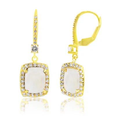 Maxcolor 18k Gold Plated Genuine Moonstone Cushion Cut Dangle Drop Earrings With White Topaz Accents In Silver