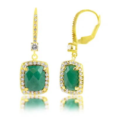 Maxcolor 18k Gold Plated Genuine Moonstone Cushion Cut Dangle Drop Earrings With White Topaz Accents In Green