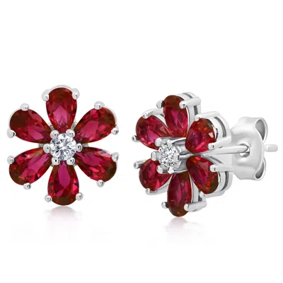 Maxcolor Gemstone Flower Stud Earrings In 925 Sterling Silver (1/2") In Pink