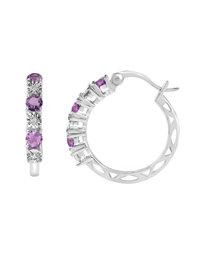 Maxcolor Silver 0.12 Ct. Tw. Diamond & Amethyst Hoop Earrings In Red