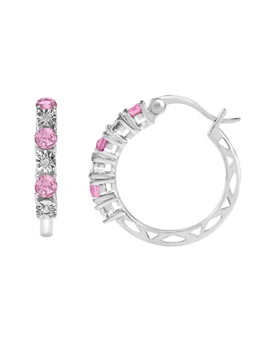 Maxcolor Silver 0.12 Ct. Tw. Diamond & Lab-grown Pink Sapphire Hoop Earrings In Red