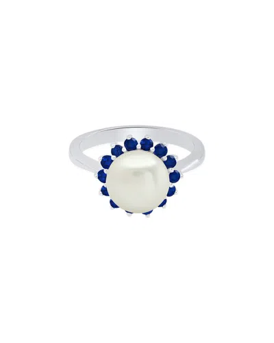 Maxcolor Silver 0.70 Ct. Tw. Lab-grown Blue Sapphire & 9mm Pearl Ring In White