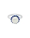 Maxcolor Sterling Silver 9mm Cultured Pearl And Created Blue Sapphire Ring Size 7 In White
