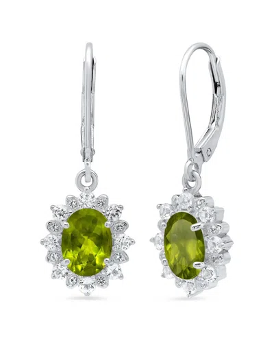 Maxcolor Sterling Silver Halo Sunburst Oval Gemstone Leverback Earrings With White Topaz Accent In Green