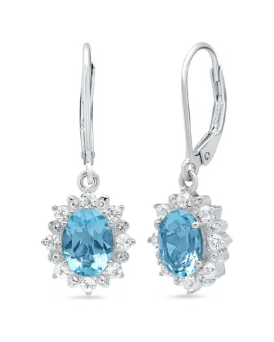 Maxcolor Sterling Silver Halo Sunburst Oval Gemstone Leverback Earrings With White Topaz Accent In Blue