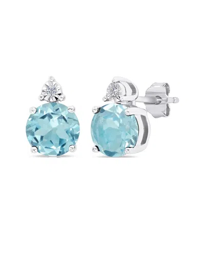 Maxcolor Sterling Silver 7mm Round Gemstone And Diamond Accent Stud Earrings In Blue
