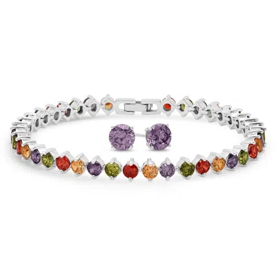 Maxcolor Silver Plated Multi Cubic Zirconia Round Tennis Bracelet & Earring Set
