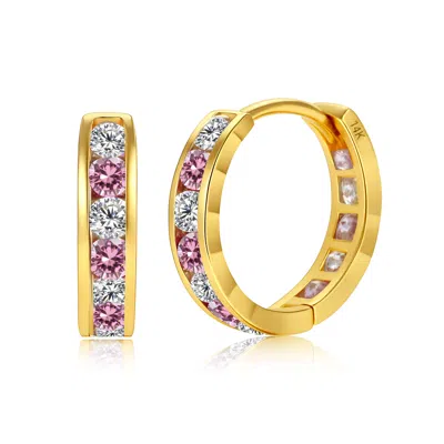 Maxcolor Small Solid 14k Gold Pink Cubic Zirconia Huggie Hoop Earrings In 11mm, 14mm Or 18mm