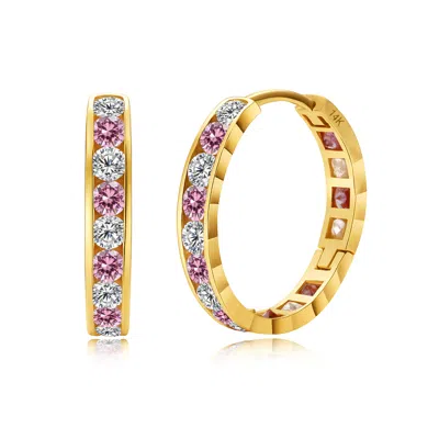 Maxcolor Small Solid 14k Gold Pink Cubic Zirconia Huggie Hoop Earrings In 11mm, 14mm Or 18mm