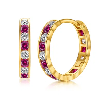 Maxcolor Small Solid 14k Gold Red Cubic Zirconia Huggie Hoop Earrings In Multi