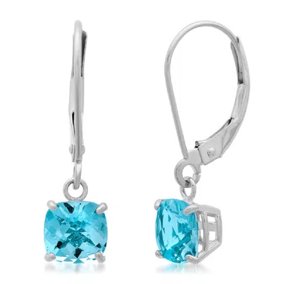 Maxcolor Solid 10k White Gold Cushion Cut Dangle Gemstone Leverback Earrings In Blue