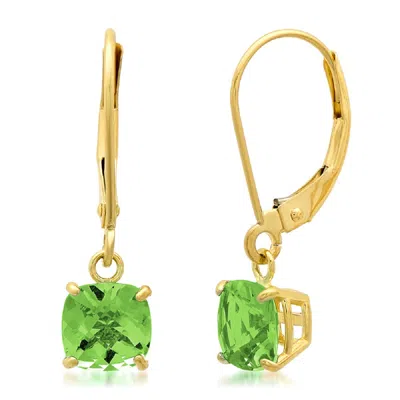 Maxcolor Solid 10k Yellow Gold Cushion Cut Dangle Gemstone Leverback Earrings In Green