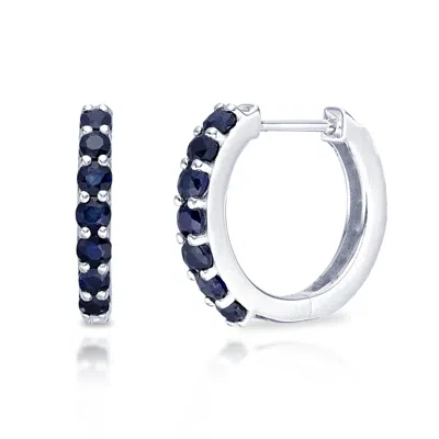 Maxcolor Solid 10k Yellow Or White Gold 12mm Gemstone Hoop Huggie Earrings In Blue