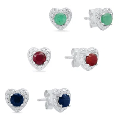 Maxcolor Sterling Silver 3 Pair Genuine 4mm Emerald, Ruby, Sapphire Heart Halo Stud Earrings In Red