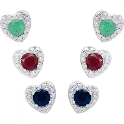 Maxcolor Sterling Silver 3 Pair Genuine Emerald, Ruby, Blue Sapphire 4mm Round In Beaded Heart Halo Stud Set In Metallic