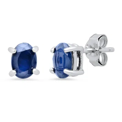 Maxcolor Sterling Silver 5mm Gemstone Oval Stud Earrings With Push Backs In Blue