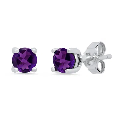 Maxcolor Sterling Silver 5mm Gemstone Round Stud Earrings With Push Backs In Purple
