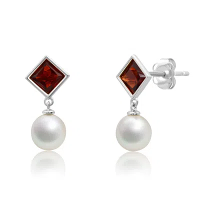 Maxcolor Sterling Silver 6mm Cultured Pearl Dangle And 5mm Gemstone Stud Earrings In Multi