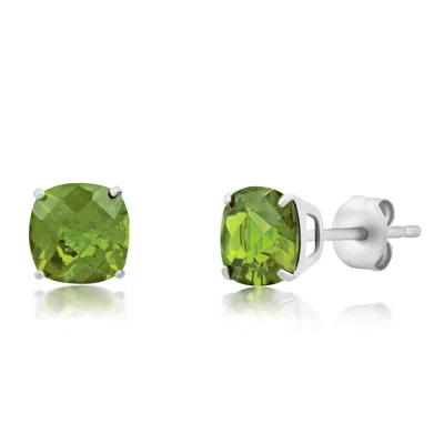 Maxcolor Sterling Silver 6mm Cushion Cut Checkerboard Gemstone Stud Earrings In Green