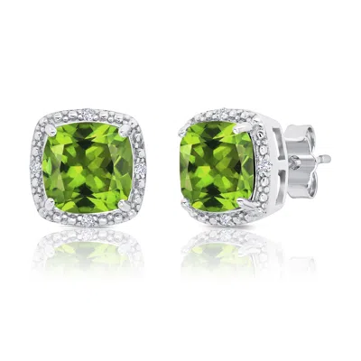 MAXCOLOR STERLING SILVER 7MM CUSHION CUT GEMSTONE STUD EARRINGS WITH DIAMOND ACCENT HALO