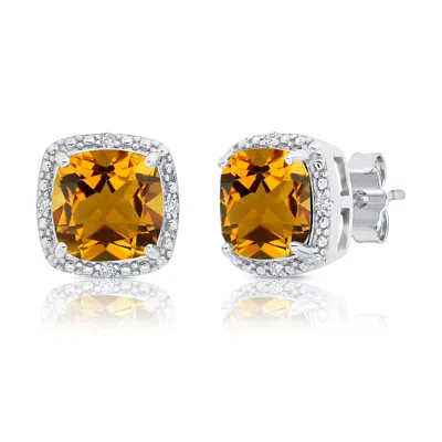 Maxcolor Sterling Silver 7mm Cushion Cut Gemstone Stud Earrings With Diamond Accent Halo