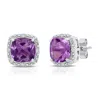 Maxcolor Sterling Silver 7mm Cushion Cut Gemstone Stud Earrings With Diamond Accent Halo In Purple