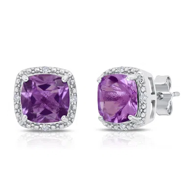 Maxcolor Sterling Silver 7mm Cushion Cut Gemstone Stud Earrings With Diamond Accent Halo In Purple