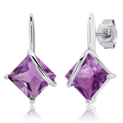 Maxcolor Sterling Silver 7mm Princess Cut Gemstone Drop Earrings In Metallic