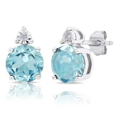 Maxcolor Sterling Silver 7mm Round Gemstone And Diamond Accent Stud Earrings In Blue