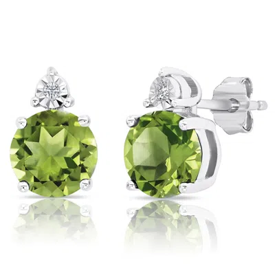 Maxcolor Sterling Silver 7mm Round Gemstone And Diamond Accent Stud Earrings In Green