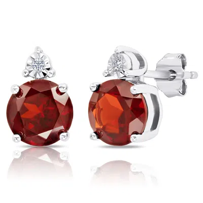 Maxcolor Sterling Silver 7mm Round Gemstone And Diamond Accent Stud Earrings In Red