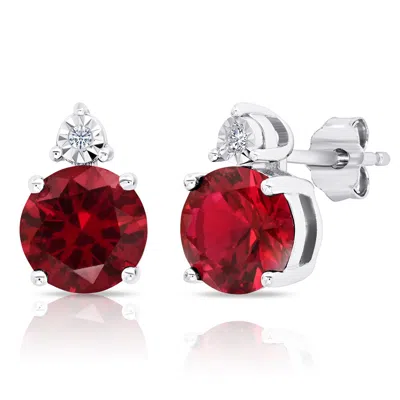 Maxcolor Sterling Silver 7mm Round Gemstone And Diamond Accent Stud Earrings In Red