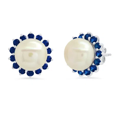 Maxcolor Sterling Silver 9mm Cultured Pearl And Created Blue Sapphire Earrings In Multi